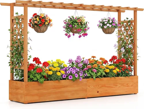 Miniatura 17 de Giantex Cama de jardín elevada con enrejado y techo colgante, jardinera de madera con parte inferior y agujeros de drenaje, maceta de jardín
