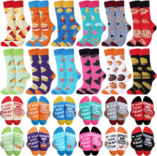 Leumoi 12 pares de calcetines de aperitivos temáticos de alimentos, calcetines de tripulación de papas fritas, galletas, hamburguesas, vestido