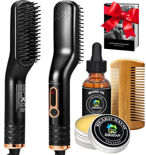 Alisador de barba con aceite y bálsamo para barba y libro electrónico guía, cepillo alisador de cabello 3 en 1 mejorado, peine alisador de barba,