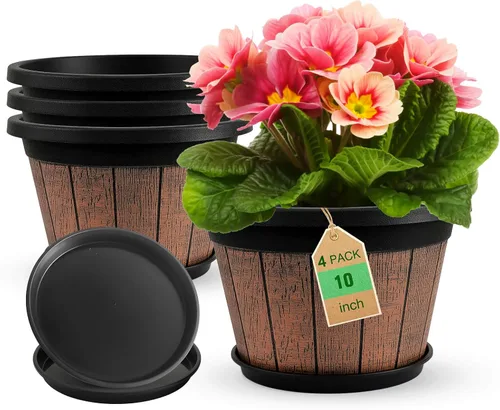 Miniatura 10 de Quarut - Paquete de 4 macetas de 8 pulgadas, macetas de barril de whisky mejoradas con agujeros de drenaje y platillo, macetas de flores de plástico