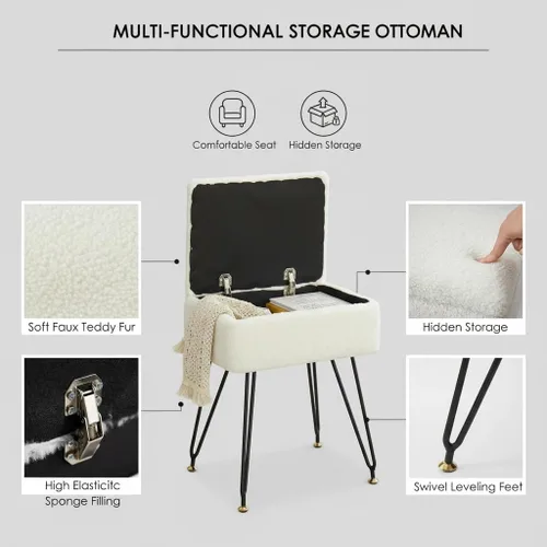 Miniatura 4 de Taburete de tocador, taburete otomano de piel sintética de peluche con patas de metal y pies negros ajustables, silla de maquillaje con Blanco