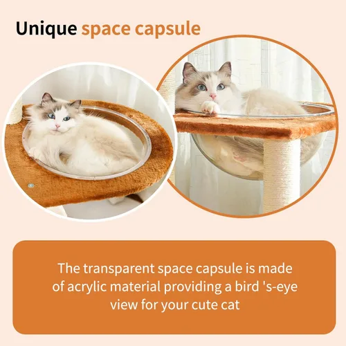 Miniatura 4 de Moderna torre de árbol para gatos de interior, condominio de madera de varios niveles con nido de cápsula espacial, cesta tejida a mano para gatos