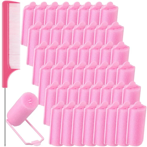 Syhood 48 rodillos de esponja de espuma, rizadores suaves para dormir, rizadores de esponja flexible y peine de cola de rata para mujeres peinados