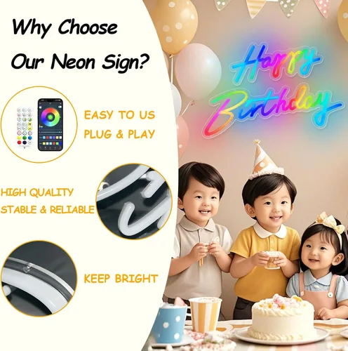 Miniatura 3 de Letrero de neón grande con texto en inglés «Happy Birthday» de «Happy Birthday» para decoración de pared, letrero LED para fiesta de cumpleaños