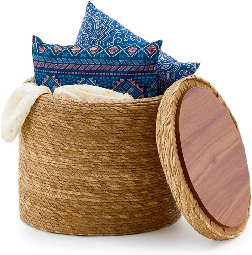 Miniatura 10 de Wimarsbon Taburete de pie de hierba marina natural, otomana redonda tejida a mano, para sala de estar, asiento al aire libre (natural)