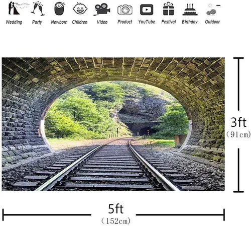 Miniatura 2 de Telón de fondo de pista de tren de 5 x 3 pies, túnel de montaña, ladrillo vintage, Sunmmer, paisaje, árboles verdes, sol, adulto, hombre, niño