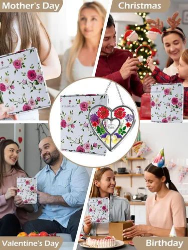 Miniatura 5 de Ky&Bosam - Atrapaluz de cristal, ventana en forma de corazón, con flor prensada, diseño de corazón/ "Mom", regalo para el Día de la Madre, Navidad