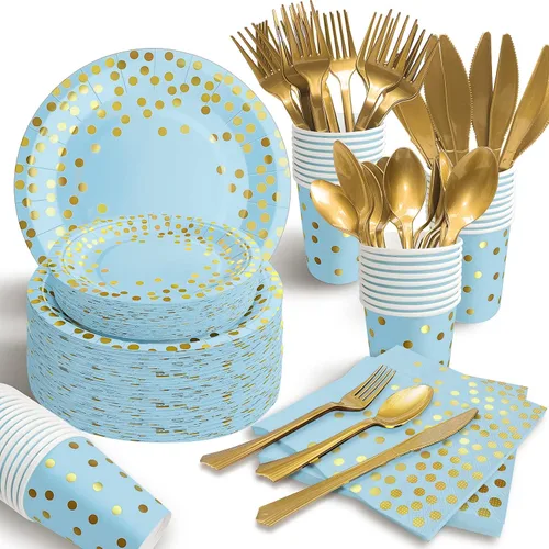 Miniatura 9 de AIRE 175 piezas platos de oro rosa suministros de fiesta sirve para 25 invitados decoraciones de fiesta desechables, tenedores cuchillos cucharas