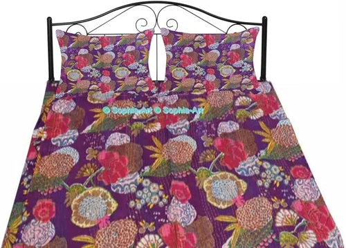 Miniatura 45 de Sophia-Art Colcha reversible de frutas indias para cama individual/king con patrón Gudri de algodón puro estilo Kantha, colcha decorativa con Rosa