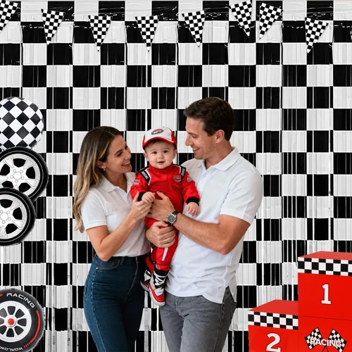 Miniatura 6 de Decoraciones de cumpleaños de coches, 2 cortinas de flecos de aluminio de carreras y 1 paquete de pancarta de bandera a cuadros para accesorios