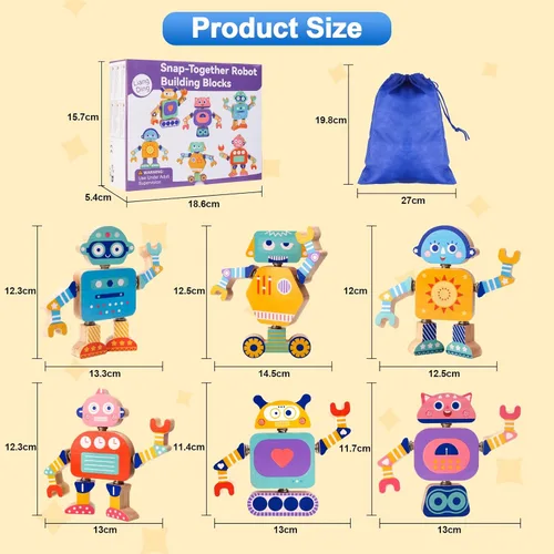 Miniatura 7 de Juego de bloques de construcción de robot de madera a presión, juguete Montessori STEM para desmontar, 33 piezas de juguete de aprendizaje