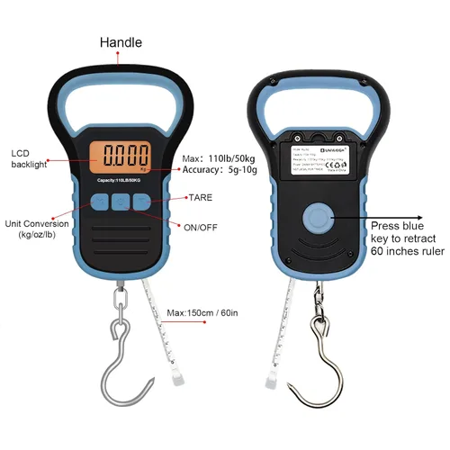 Miniatura 5 de Báscula de pesca impermeable con pinza de labio, báscula de equipaje colgante postal de 110 libras con gancho, báscula de mano digital con cinta