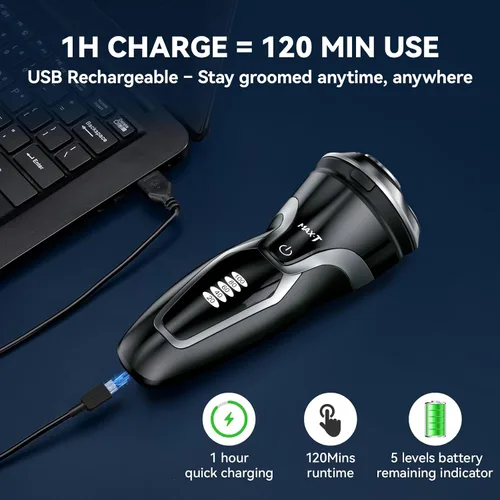 Miniatura 5 de MAX-T Maquinilla de afeitar eléctrica para hombres, afeitadora rotativa 4D para hombres, afeitadora recargable en húmedo y seco con recortadora
