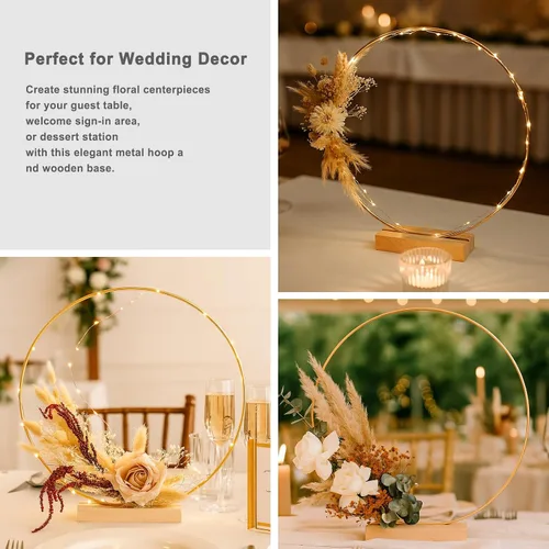 Miniatura 2 de Paquete de 12 aros florales con soporte y luces LED de hadas de 10 pulgadas, anillos de metal para centros de mesa de bricolaje, decoraciones