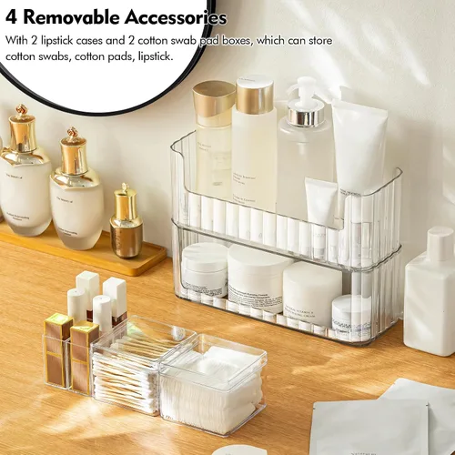 Miniatura 5 de Poeland Paquete de 2 bandejas organizadoras de maquillaje apilables, vitrina transparente para cosméticos con 2 estuches para lápices labiales y 2