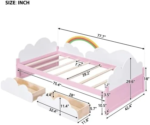 Miniatura 2 de Cama de tamaño individual con nubes – Base de cama artística con elementos del cielo y toque verde – Perfecto para niñas – Cama divertida e