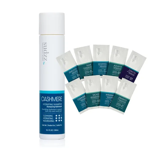 SUDZZFX Champú hidratante de cachemira + paquete de muestras para el cuidado del cabello, sin sulfatos, champú seguro para el color (10.1 onzas) con