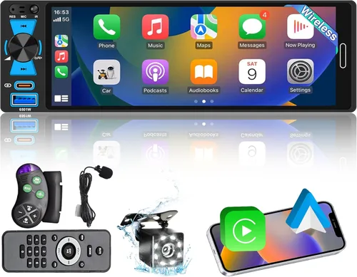 Radio de pantalla táctil DIN simple de 6.5 pulgadas con Apple CarPlay inalámbrico y Android Auto, FM/AM, estéreo para automóvil con Bluetooth 5.2,