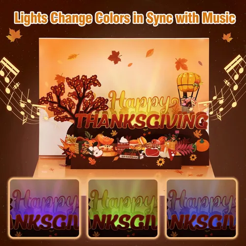 Miniatura 4 de D4DREAM Tarjeta musical de Acción de Gracias con luz, tarjetas y sobres de Acción de Gracias 3D para adultos, niños, novio, novia, decoración