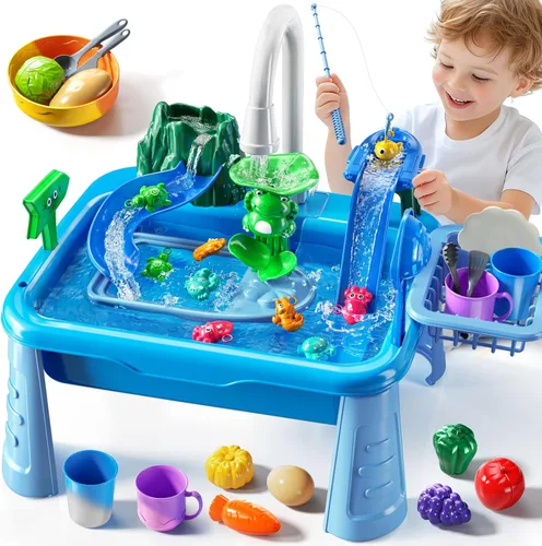 JUKUDAHU Mesa de Juego de Agua y Fregadero de Juguetes para Niños de 2 3 4 5 6 Años de Edad - Cocina al Aire Libre con Agua Corriente, Juegos de