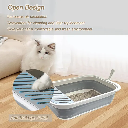 Miniatura 6 de Caja de arena plegable pequeña para gatos, bandeja de orinal abierta para gatitos con cuchara, inodoro para gatos con pedal antisalpicaduras
