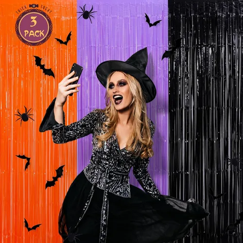 Miniatura 2 de Mega-L - Cortinas de flecos de papel de aluminio para Halloween, paquete de 3 accesorios para cabina de fotos, 18 calcomanías de PVC de murciélago