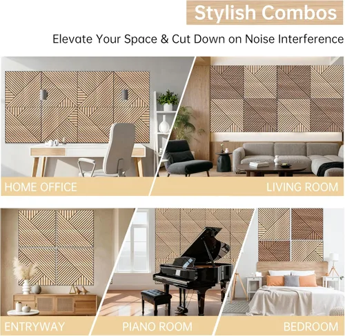 Miniatura 6 de Mollywell Paneles de pared acústicos artísticos, 23.6 x 23.6 pulgadas, paquete de 8 unidades, chapa de grano de madera de PVC, decoración de pared