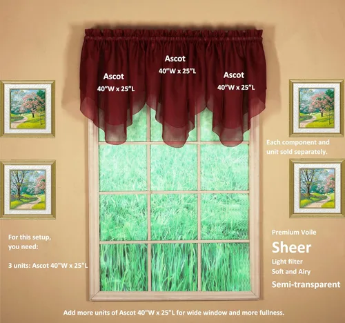 Miniatura 3 de Today's Curtain Emelia Original Voile Ascot 25 pulgadas, Borgoña, 40 pulgadas de ancho x 25 pulgadas de largo