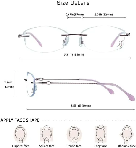 Miniatura 3 de VisionGlobal Lentes de lectura con bloqueo de luz azul sin montura con lente personalizada que reducen la fatiga ocular con diamantes elegantes