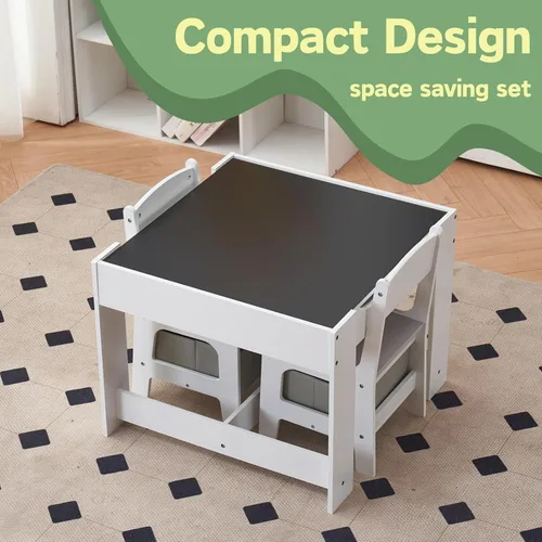 Miniatura 5 de Karl home Juego de mesa y silla 3 en 1, mesa de actividades con almacenamiento, silla de escritorio de madera para niños de 1 a 3 años, mesa
