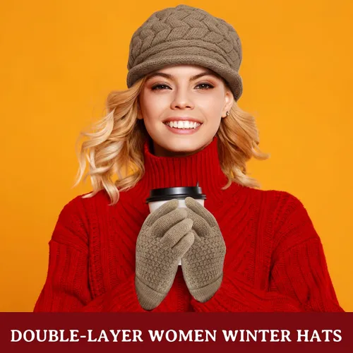 Miniatura 20 de SATINIOR Juego de 4 gorros y guantes de invierno para mujer, gorro de punto cálido, gorro de esquí de nieve con visera y guante para pantalla rojo