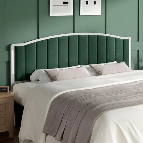 Miniatura 12 de Cabecera para cama tamaño Queen con luces LED, cabecera tapizada de canal vertical acolchonado, solo cabecero de terciopelo, marco de fijación