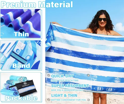 Miniatura 4 de Paquete de 2 toallas de playa de microfibra ligera y fina, sin arena, de secado rápido, absorbentes, compactas, suaves, para piscina, natación