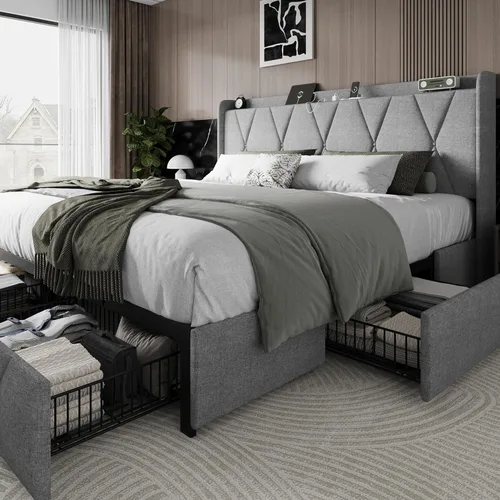 Miniatura 8 de Einhomn Marco de cama de tamaño completo con 4 cajones de almacenamiento y estación de carga, marco de cama plataforma tapizada con cabecera de Beige