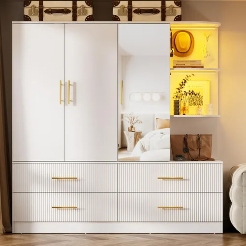 Miniatura 11 de PAKASEPT Armario de 3 puertas, armario de dormitorio con espejo y luces LED, barra para colgar, cajones, armario de almacenamiento de gran capacidad