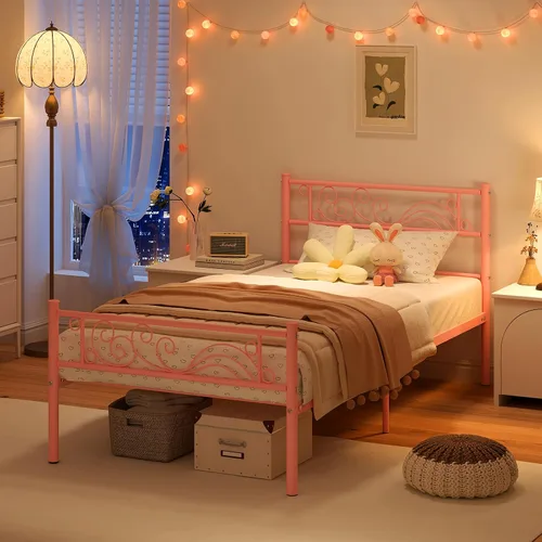 Miniatura 7 de Weehom Marco de cama individual, plataforma de metal, listones de acero resistente, almacenamiento debajo de la cama para niños, color rosa