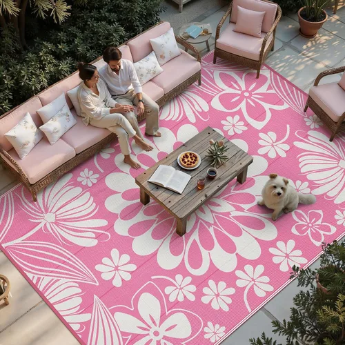 Miniatura 24 de Ileading Alfombra de Paja de Plástico para Exteriores 5x8 pies Estilo Floral Divertido Alfombras de Área Reversibles para Patio Impermeables