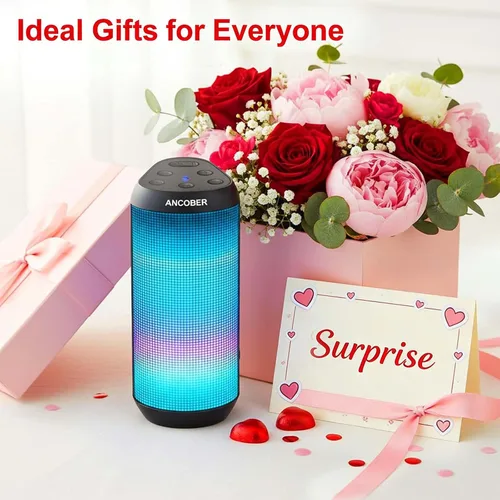 Miniatura 8 de Altavoz Bluetooth portátil, potente sonido estéreo HD, IPX4 impermeable, hasta 36 horas de reproducción, 8 modos de luz LED fría, emparejamiento
