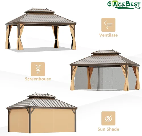 Miniatura 6 de Cenador de techo rígido de 12'x16', Cenador de patio de aluminio para exteriores con toldo de acero galvanizado de doble techo con malla y cortinas