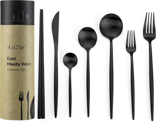 KiiZYs Juego de cubiertos negro mate – Juego de cubiertos modernos de 14 piezas de acero inoxidable – Palillos de metal para cocina, tenedor,