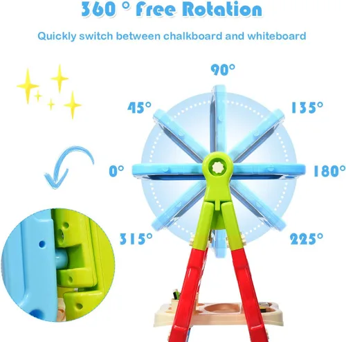 Miniatura 4 de Costzon Caballete de arte para niños, altura ajustable con rotación de 360°, tablero de dibujo de doble cara con pizarra y pizarra blanca, juego