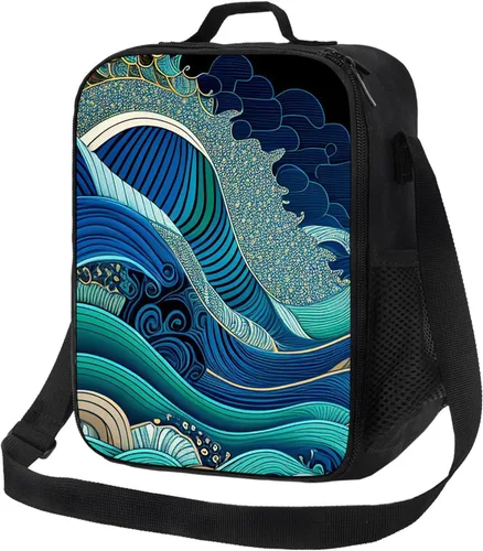 Miniatura 23 de Un patrón de ondas azules y verdes en el estilo. Lonchera portátil aislada, reutilizable, para mujeres, hombres, trabajo, picnic, campamento, 10.5 x