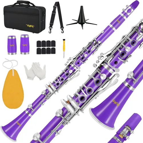 Miniatura 8 de Clarinete BB para estudiantes principiantes Clarinete plano B Clarinete de 17 teclas con correa de soporte de estuche, 2 barriles, 8 boquillas, Azul