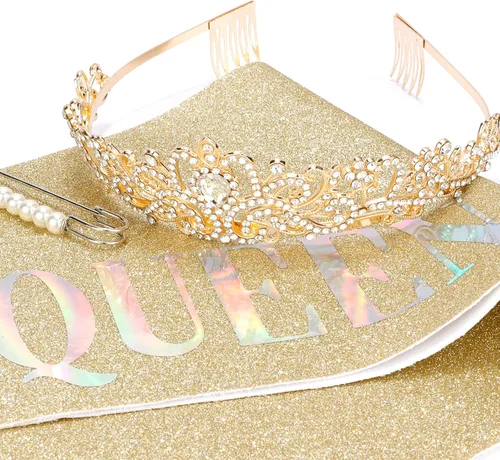 Miniatura 8 de CAVETEE Faja y tiara dorada para cumpleaños - Coronas de fiesta para mujer