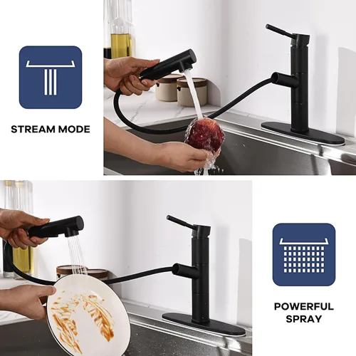 Miniatura 2 de Grifo de cocina negro con pulverizador, grifo de fregadero de cocina negro con rociador extraíble, moderno grifo de fregadero de barra de acero