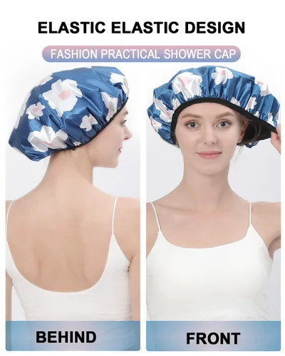 Miniatura 5 de YIZIJIZI Gorro de ducha con forro de rizo, gorro grande de tres capas para mujer, gorro de ducha reutilizable e impermeable, para cabello largo
