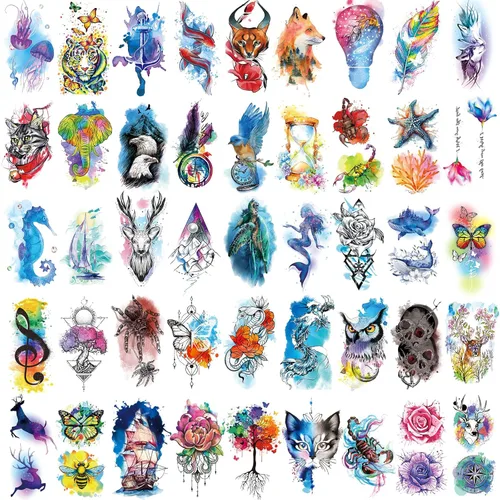 Miniatura 2 de JEEFONNA 86 hojas de tatuajes temporales, 14 hojas grandes de medio brazo de tatuajes falsos de flores, gato, búho y león, 72 hojas pequeñas