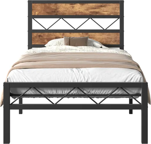 Miniatura 8 de VECELO Base de cama tamaño individual con cabecero, plataforma resistente con soporte de listones de metal, no necesita somier, fácil montaje, negro
