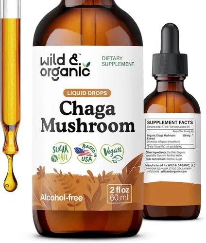 Wild & Organic Tintura de hongos Chaga - Apoyo inmunológico con extracto líquido de hongo Chaga - Suplemento de gotas de inmunidad - Vegano, sin