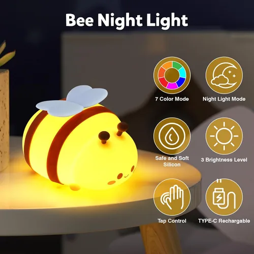 Miniatura 2 de Luz nocturna de abeja, bonita lámpara de noche de animales de silicona, lámpara de noche para habitación de niños, lámpara LED regulable, lámpara